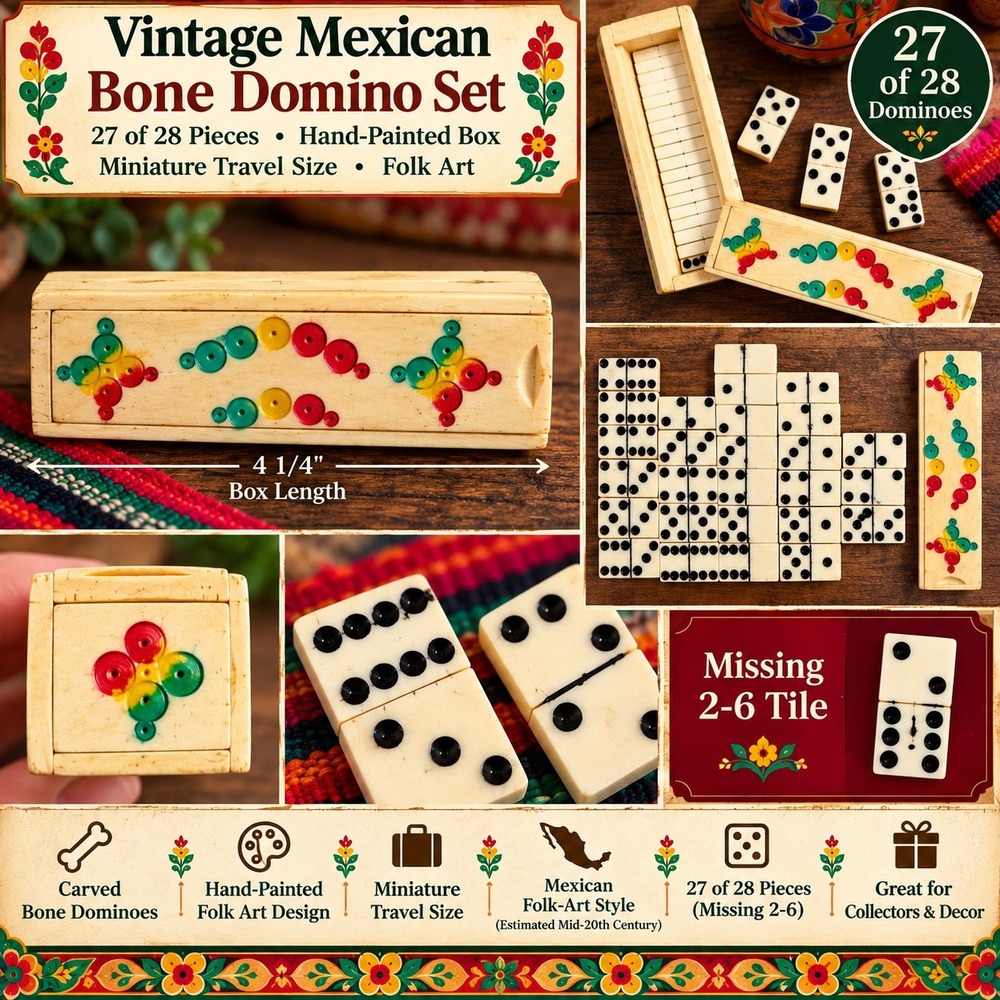 Vintage Mexican Bone Domino Set 27 Tiles Hand Painted Mini Travel Box Folk Art